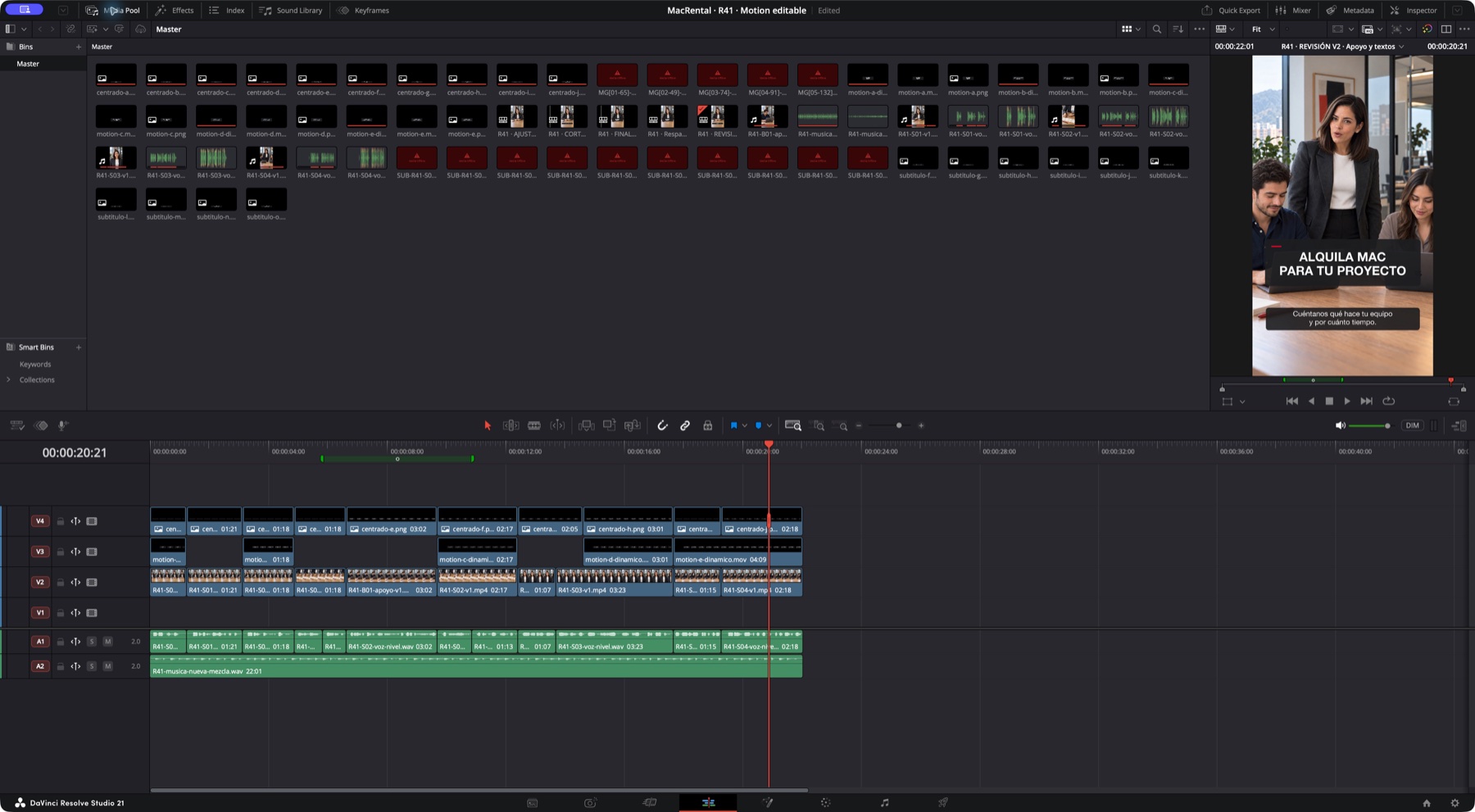 Captura real de DaVinci Resolve con un proyecto audiovisual de MacRental, pistas de imagen, textos, voz y música