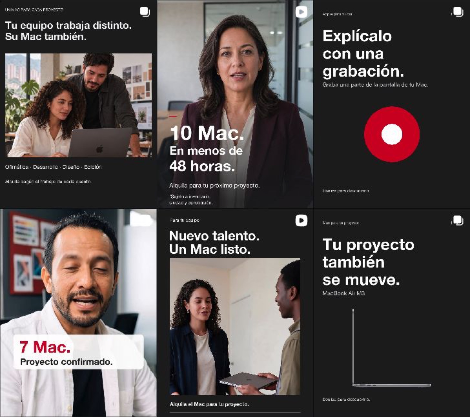 Selección real del feed de MacRental con publicaciones sobre tecnología y alquiler de computadores