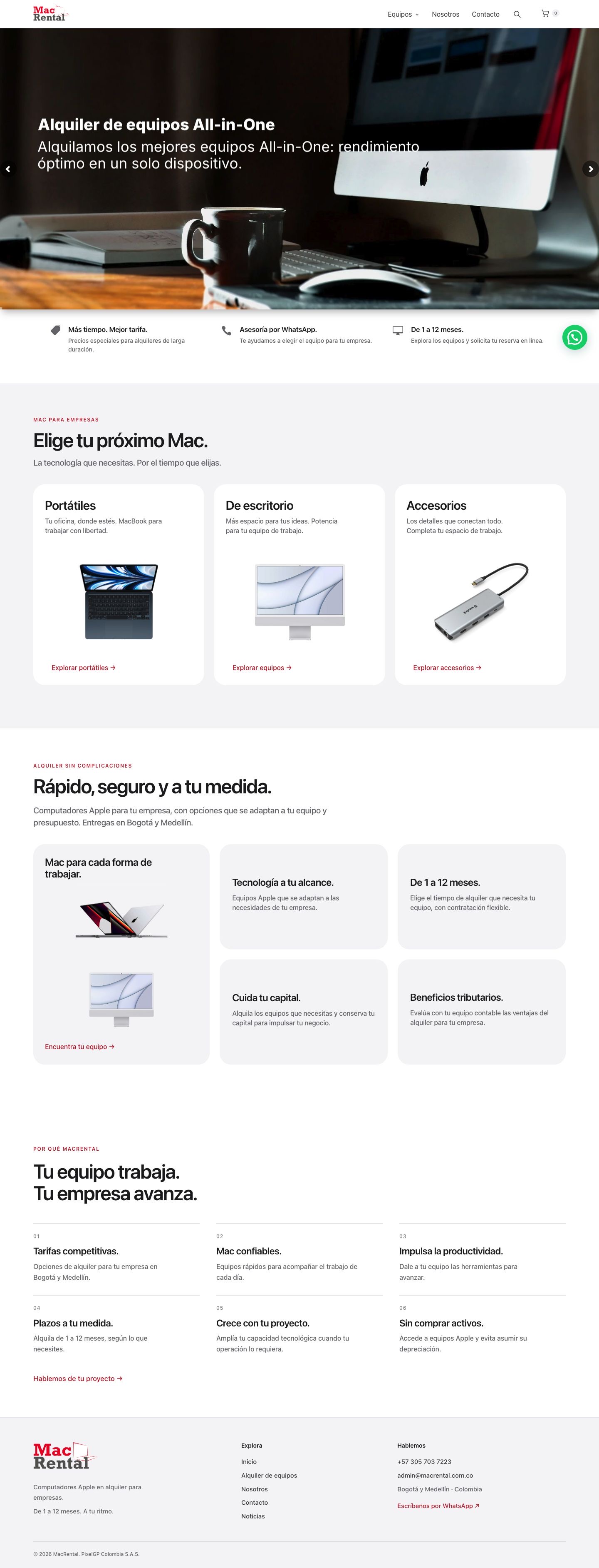 Recorrido por la web real de MacRental: alquiler de computadores Apple, categorías de equipos y servicios para empresas