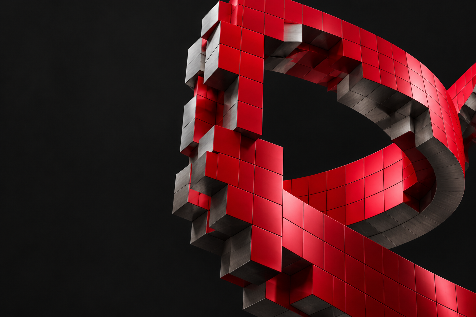 Escultura abstracta de píxeles rojos y grises que forma una cinta en movimiento